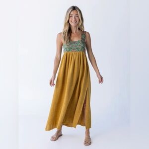 NATURAL LIFE Mustard Maxi Dress with Green Floral Bodice
